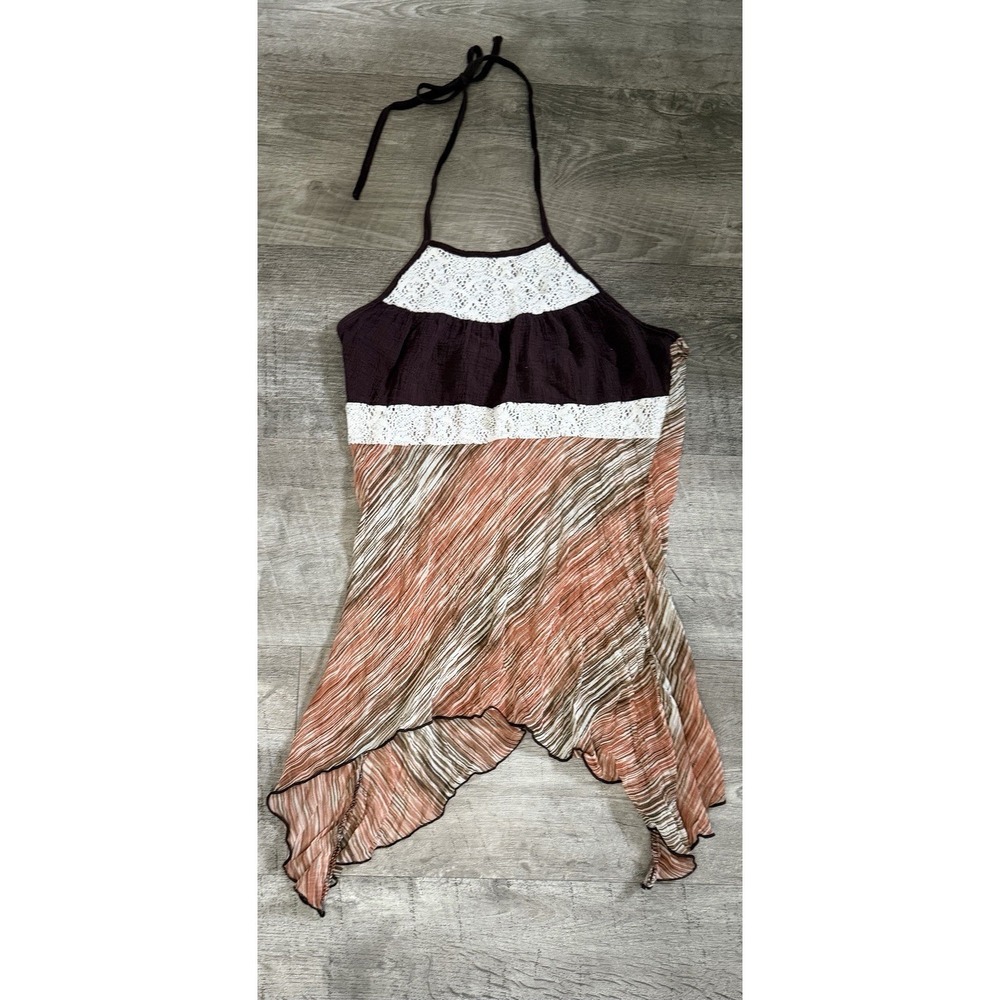 VTG Womens Small Y2K Asymmetrical Brown Tank Top Flowy‎ Shirt Halter 90s Fairy